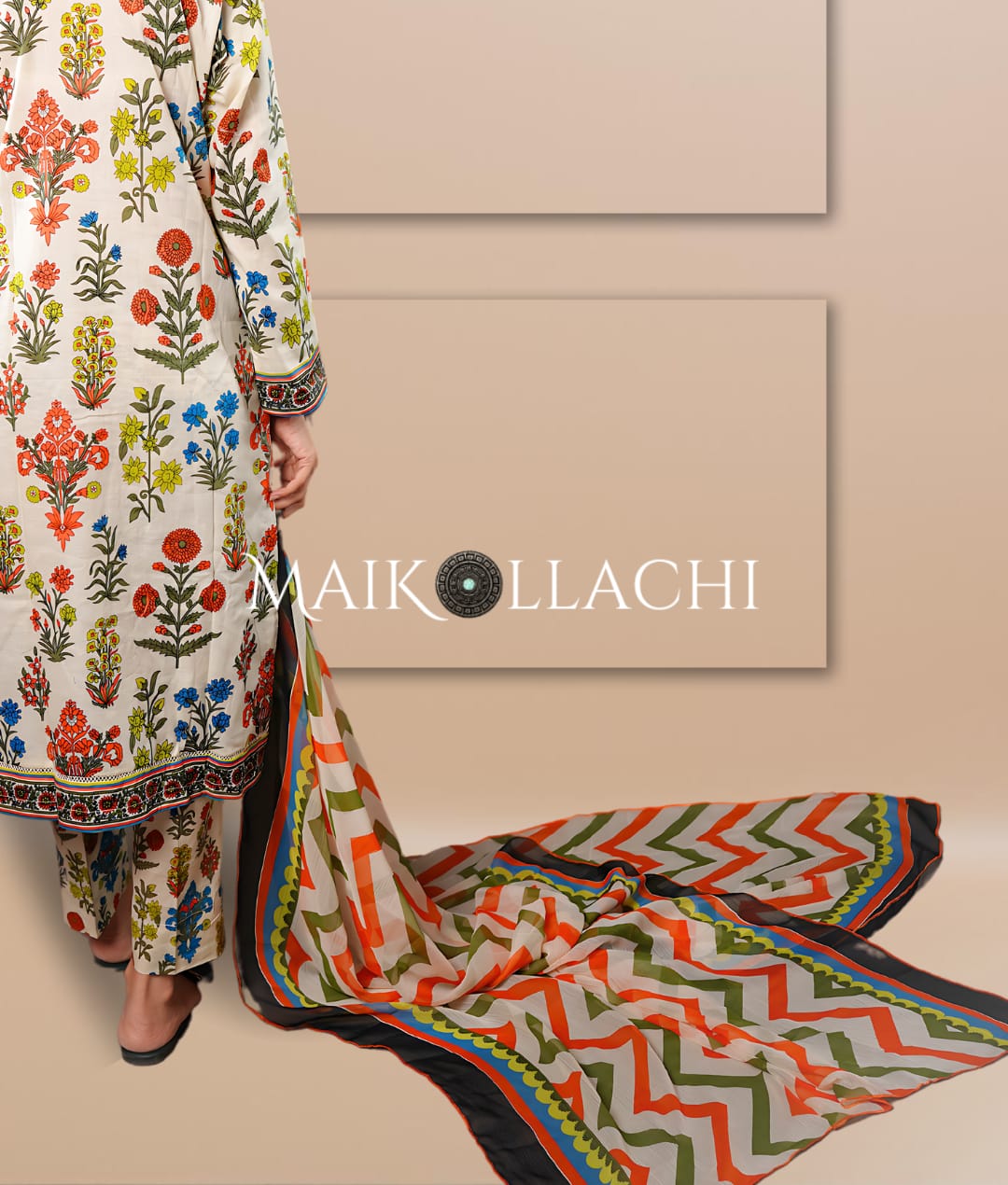 Step into Sophistication: Mai Kollachi's Off-White Premium Lawn Ensemble