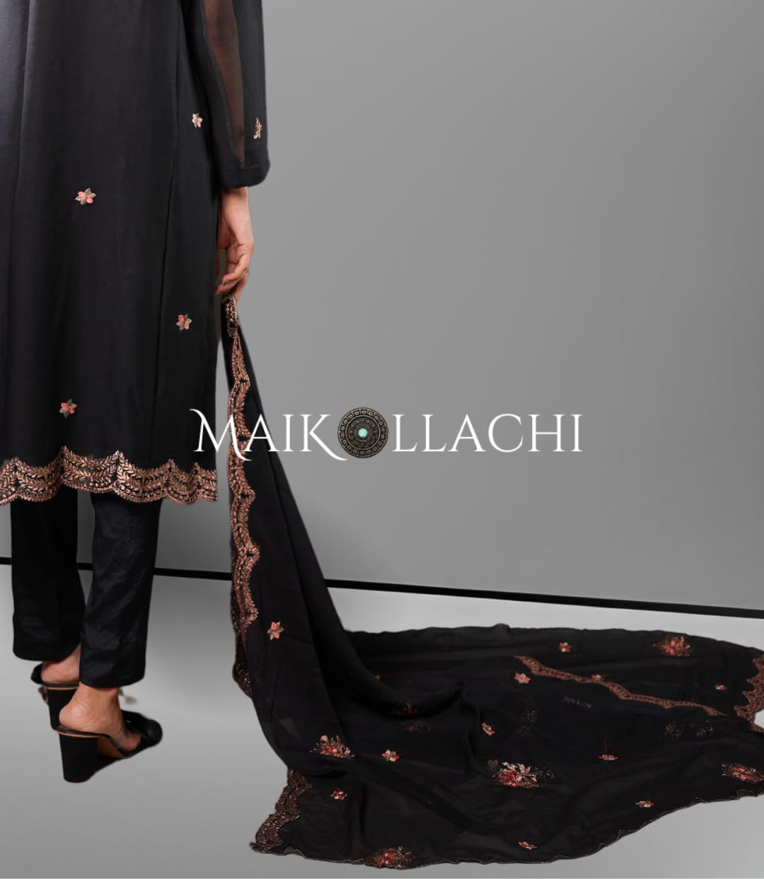 Embrace Luxury with Mai Kollachi's Black Reshmi Fabric Embroidered Ensemble