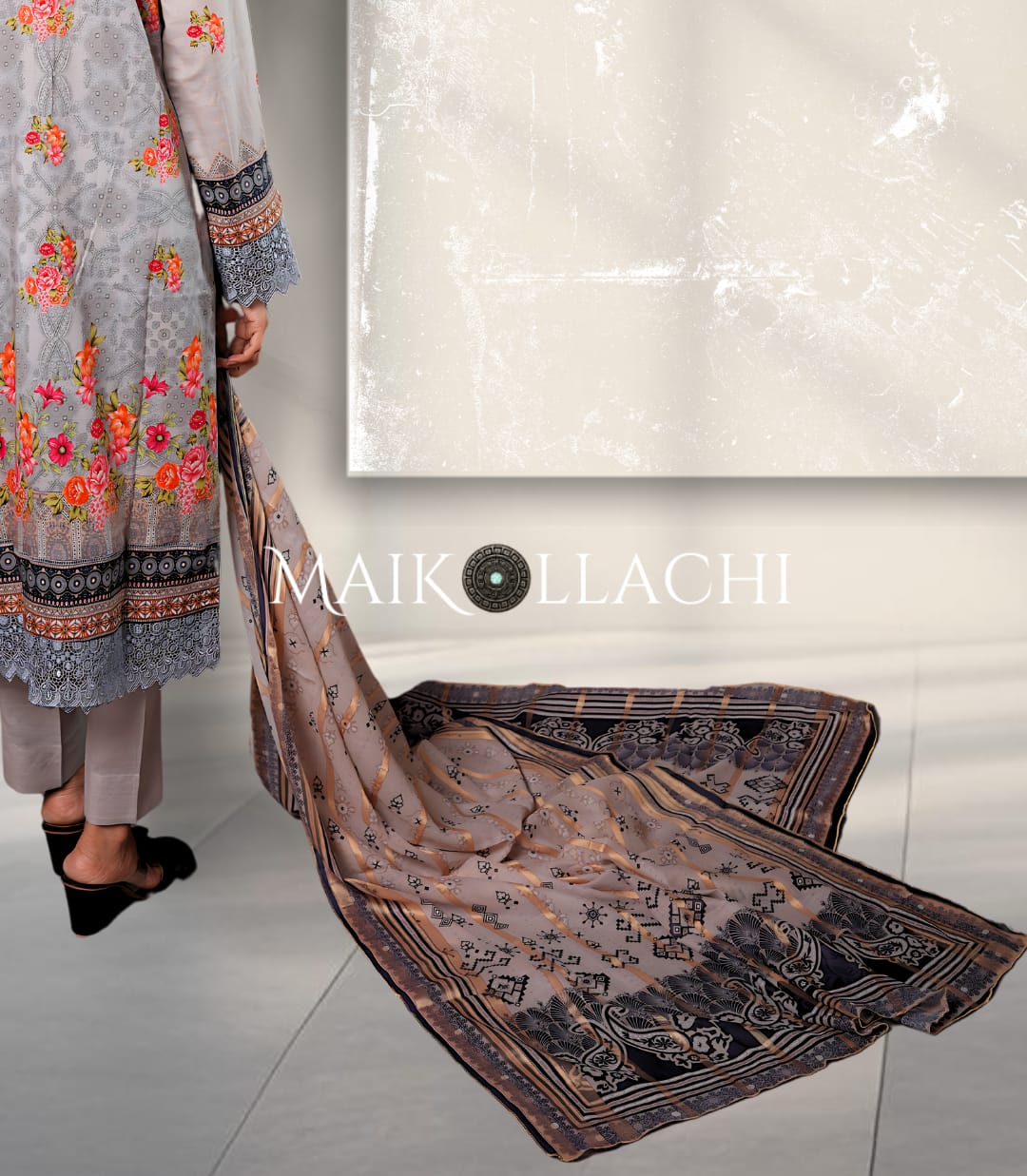 Step into Elegance with Mai Kollachi's Lace & Zari Floral Digital Printed Lawn Ensemble