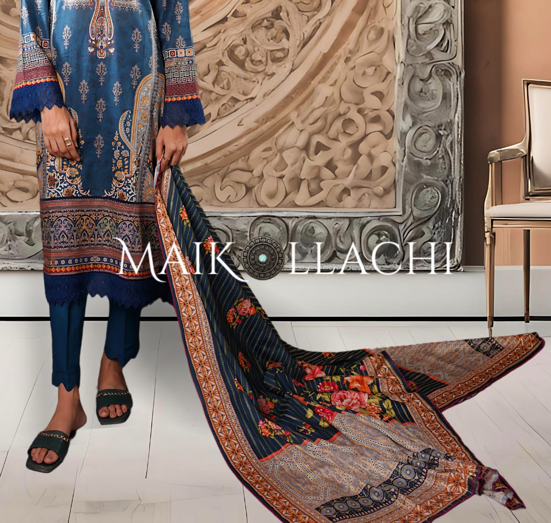 Mai Kollachi Digital Printed Attractive Blue Sleek Design Tradition Style - Lawn