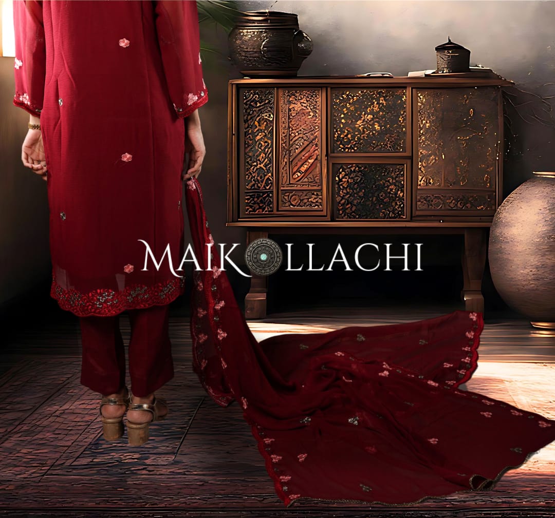Mai Kollachi Red Reshmi Fabric Embroidered Ensemble