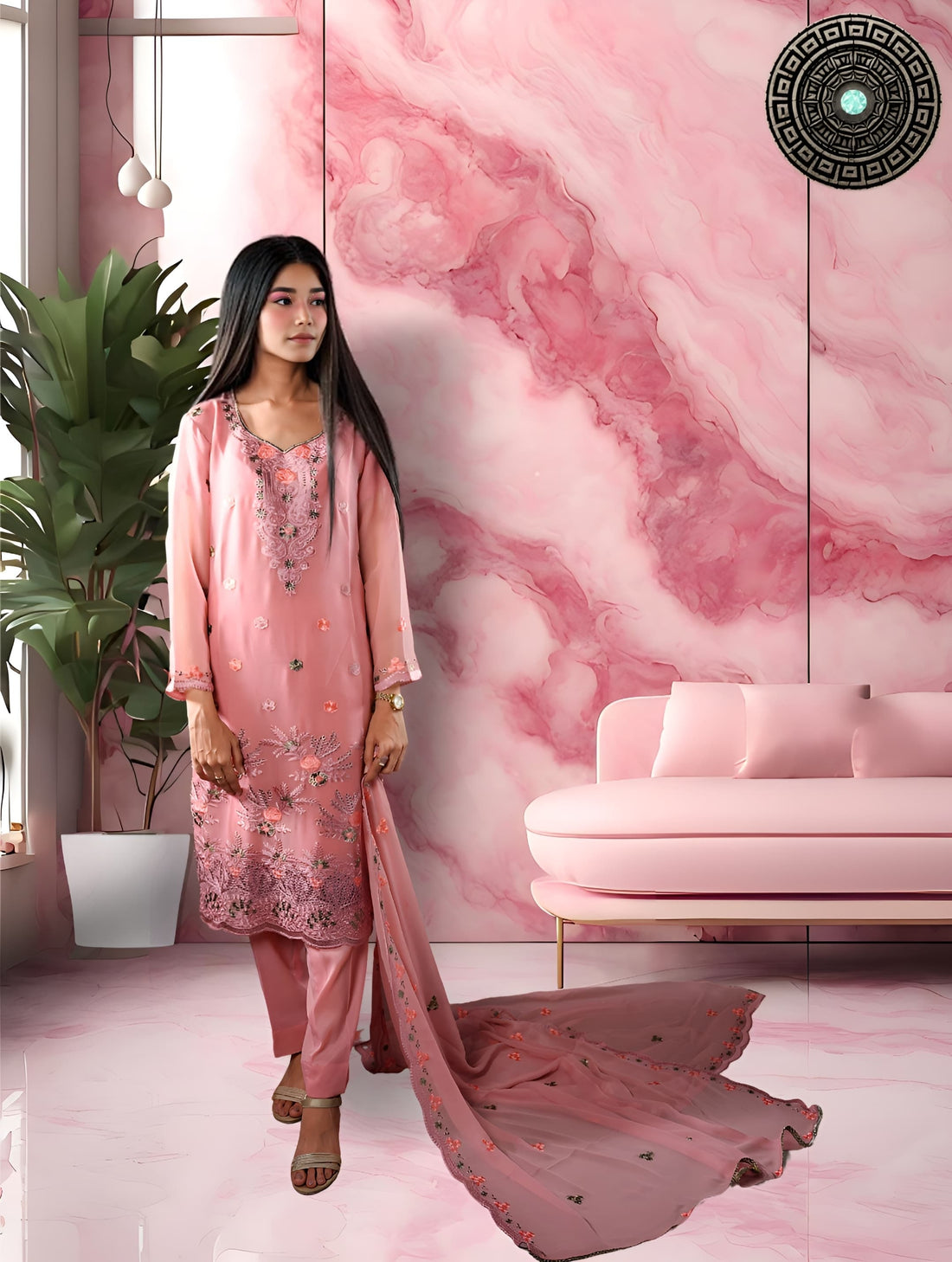 Mai Kollachi Pink Reshmi Fabric Embroidered Ensemble