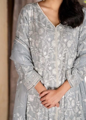 Grey Embroidered Chiffon 3 Piece Suit