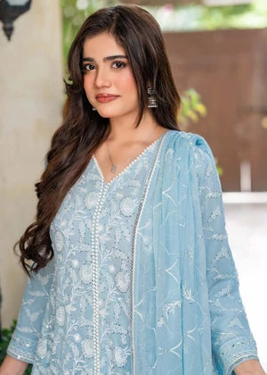 Sky Blue Embroidered Chiffon 3 Piece Suit