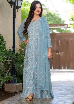 Sky Blue Embroidered Chiffon 3 Piece Suit