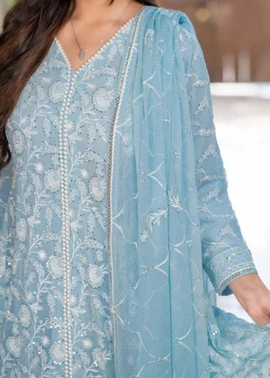 Sky Blue Embroidered Chiffon 3 Piece Suit