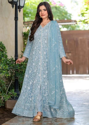 Sky Blue Embroidered Chiffon 3 Piece Suit