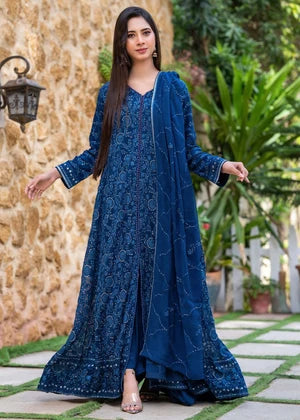 Teal Blue Embroidered Chiffon 3 Piece Suit