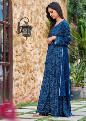 Teal Blue Embroidered Chiffon 3 Piece Suit