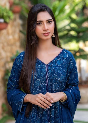 Teal Blue Embroidered Chiffon 3 Piece Suit