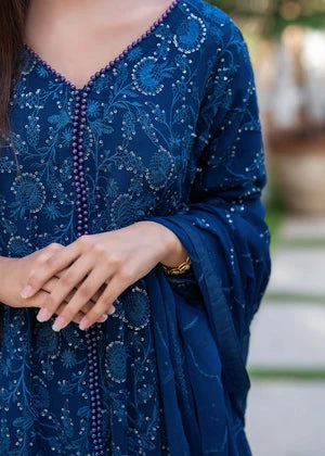 Teal Blue Embroidered Chiffon 3 Piece Suit