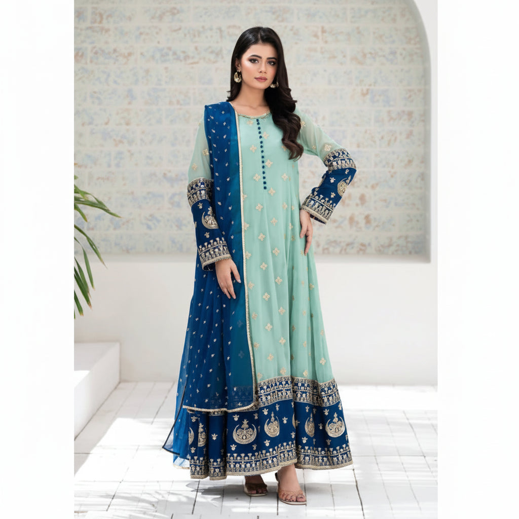 Aqua Blue Embroidered Organza 3 Piece Suit