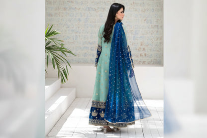 Aqua Blue Embroidered Organza 3 Piece Suit