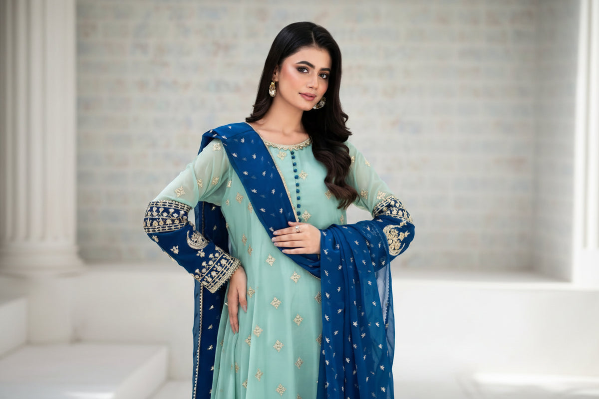 Aqua Blue Embroidered Organza 3 Piece Suit