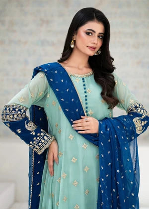 Aqua Blue Embroidered Organza 3 Piece Suit