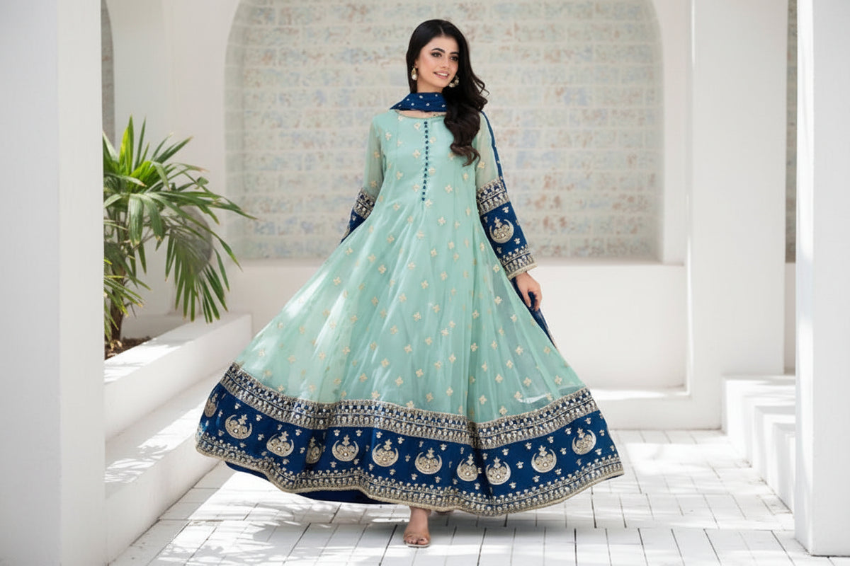 Aqua Blue Embroidered Organza 3 Piece Suit