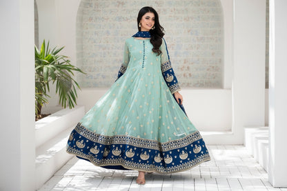 Aqua Blue Embroidered Organza 3 Piece Suit