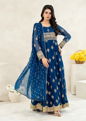 Teal Chiffon Embroidered Anarkali 3 Piece Suit