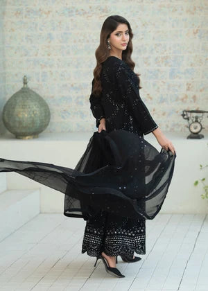 Black Chiffon Flared Pishwas 3 Piece Suit
