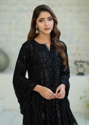 Black Chiffon Flared Pishwas 3 Piece Suit