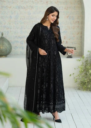 Black Chiffon Flared Pishwas 3 Piece Suit