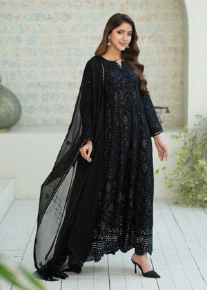 Black Chiffon Flared Pishwas 3 Piece Suit