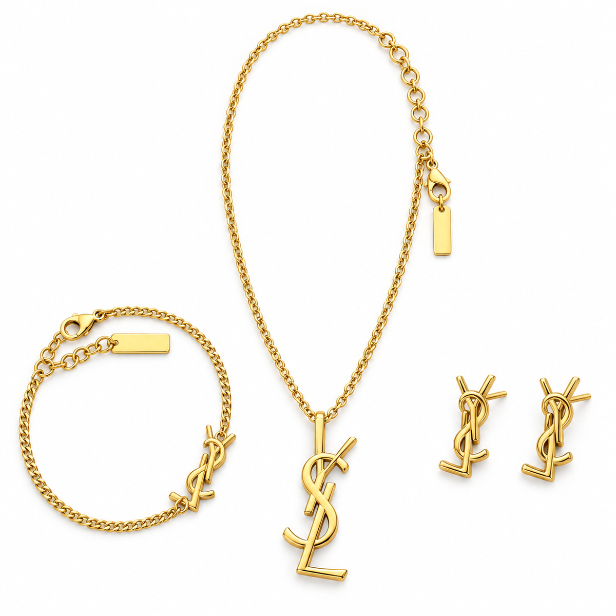 Complete gold tone necklace bracelet and earrings jewellery set