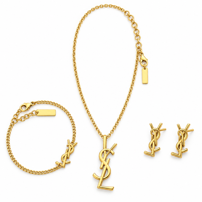 Complete gold tone necklace bracelet and earrings jewellery set