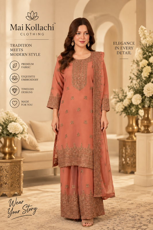 Dusty Salmon embroidered 3 piece suit with dupatta by Mai Kollachi