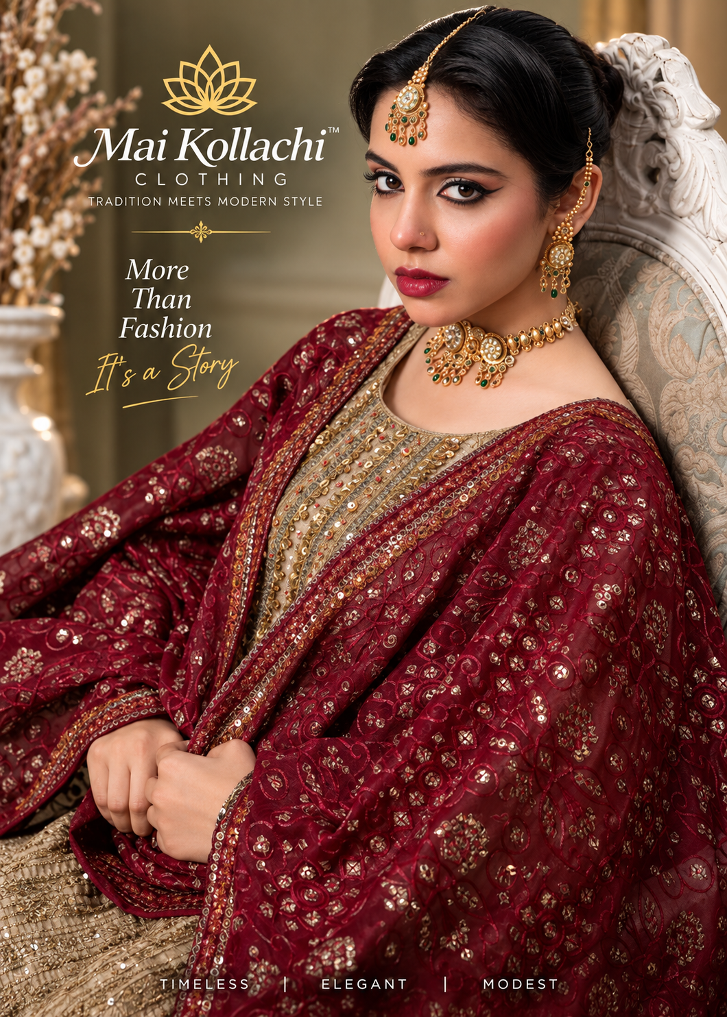 Women's gold and maroon embroidered Pakistani Eid suit