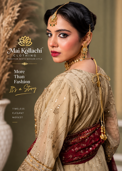 Women’s beige and maroon 3 piece Pakistani Eid party wear suit by Mai Kollachi