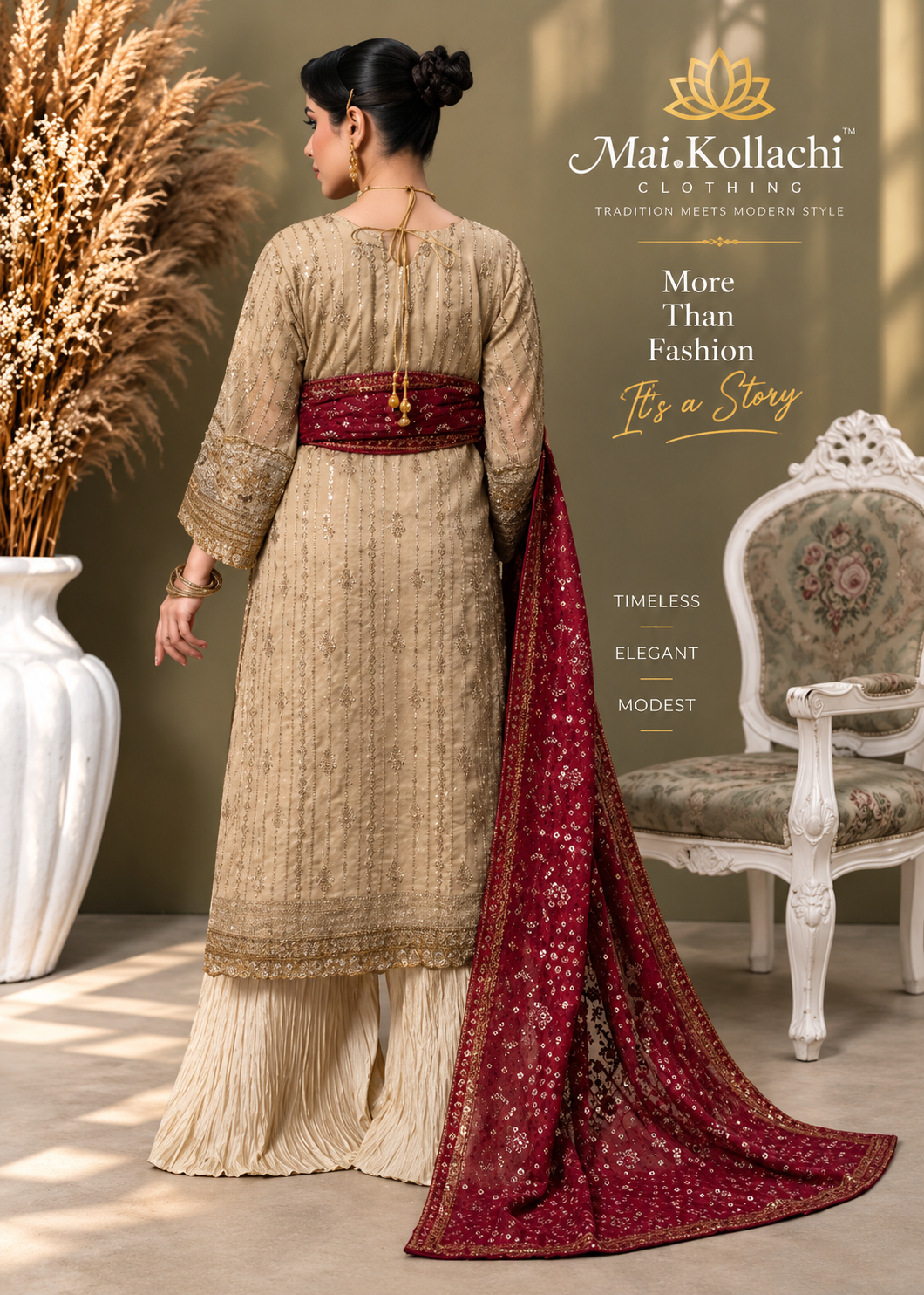 Deep maroon chiffon dupatta with antique gold Pakistani suit