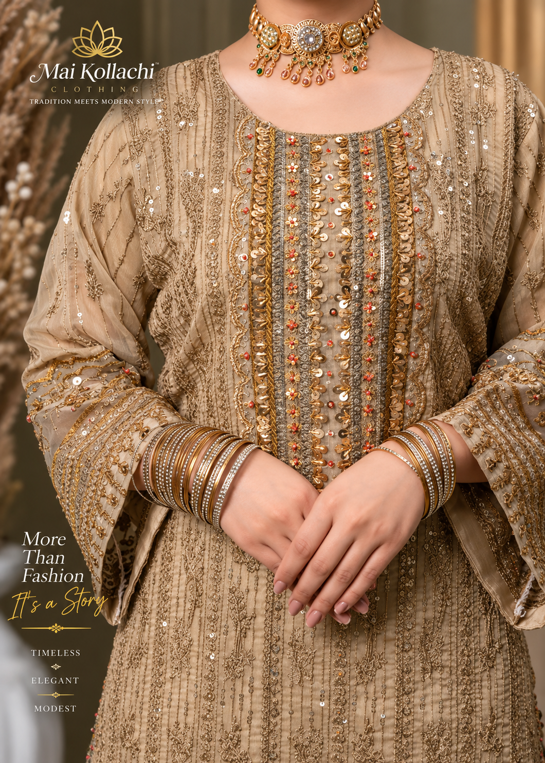 Antique gold embroidered chiffon kurta with deep maroon dupatta