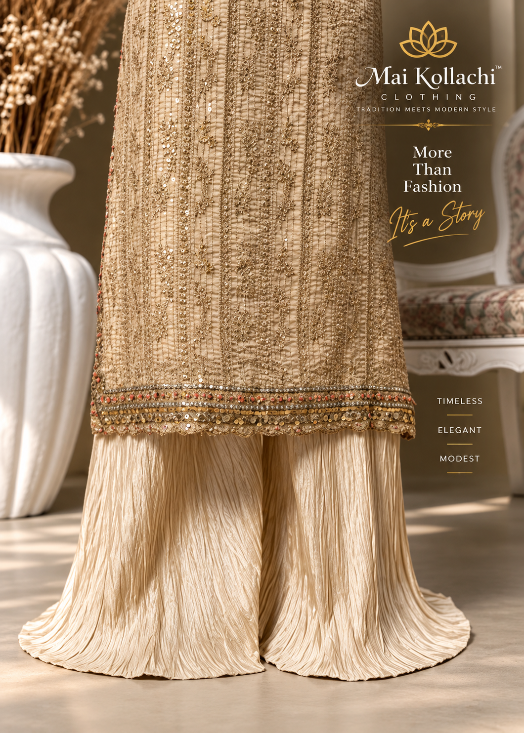 Gold Pakistani suit with ivory silk crushed palazzo