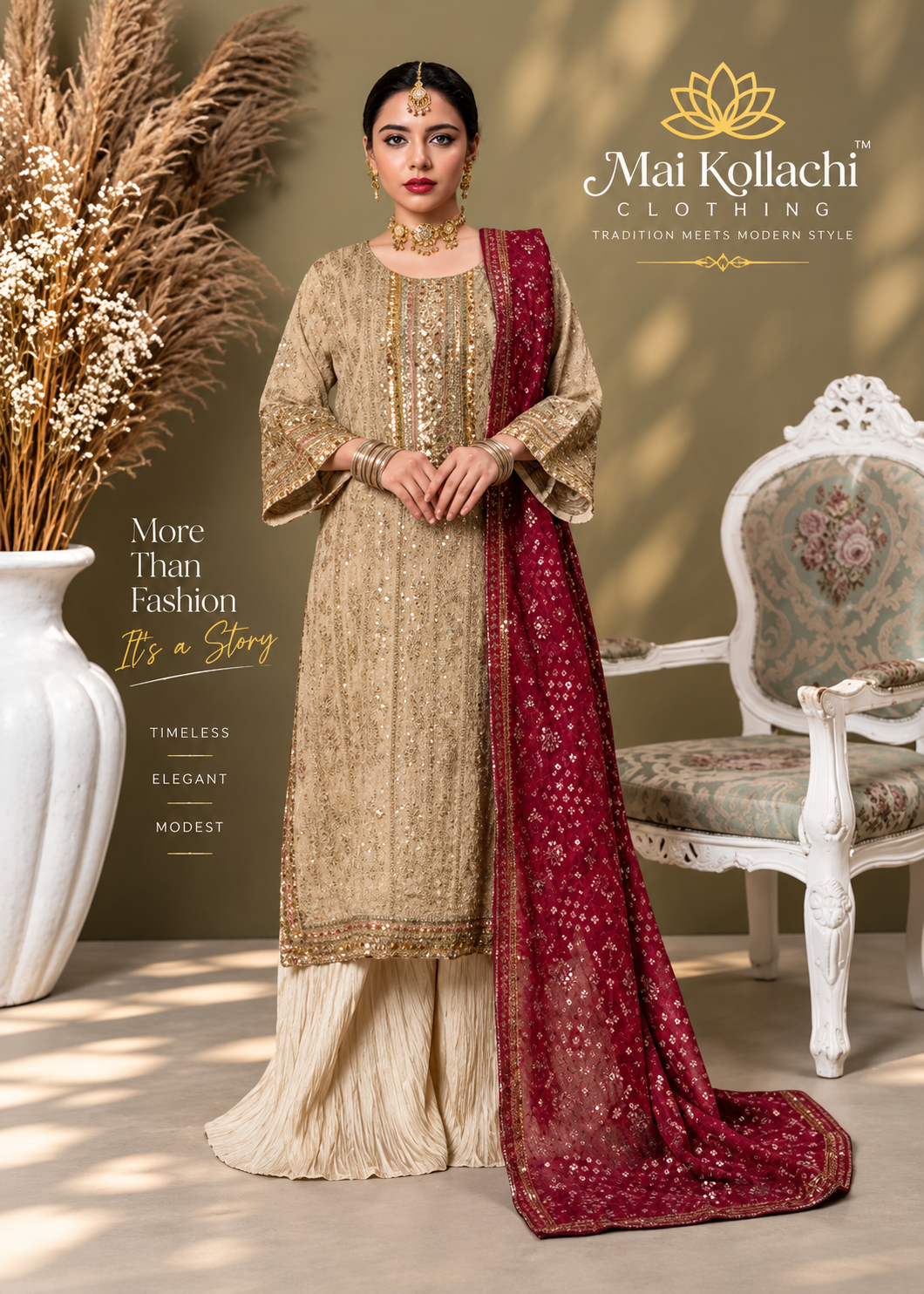 Antique gold and maroon embroidered 3 piece Pakistani suit by Mai Kollachi