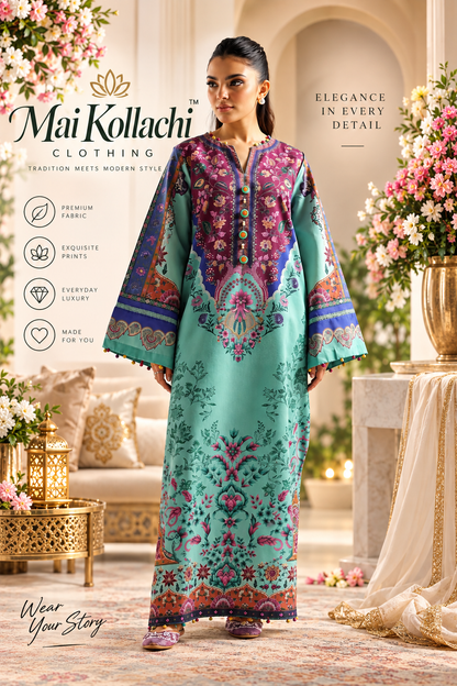 Turquoise floral printed women's kaftan by Mai Kollachi