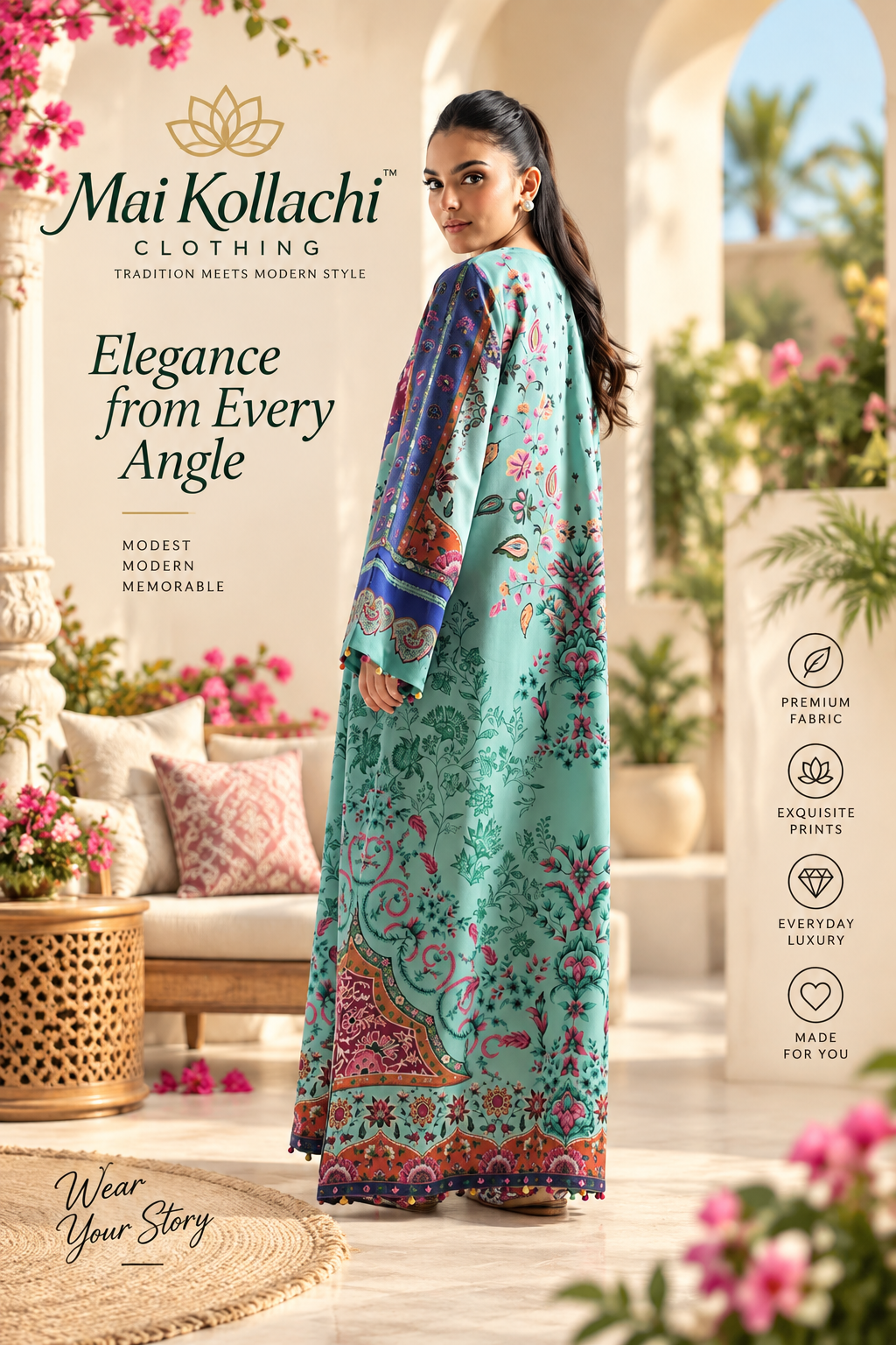 Full length turquoise floral kaftan dress for women