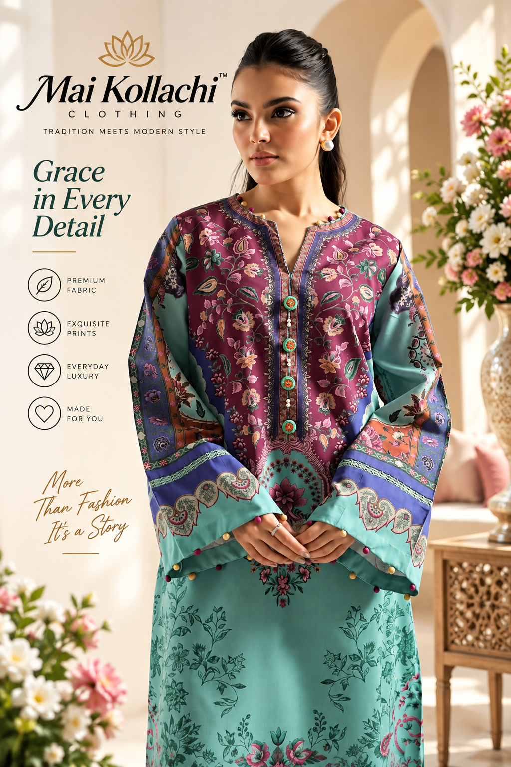 Aqua turquoise printed modest kaftan with floral detailing