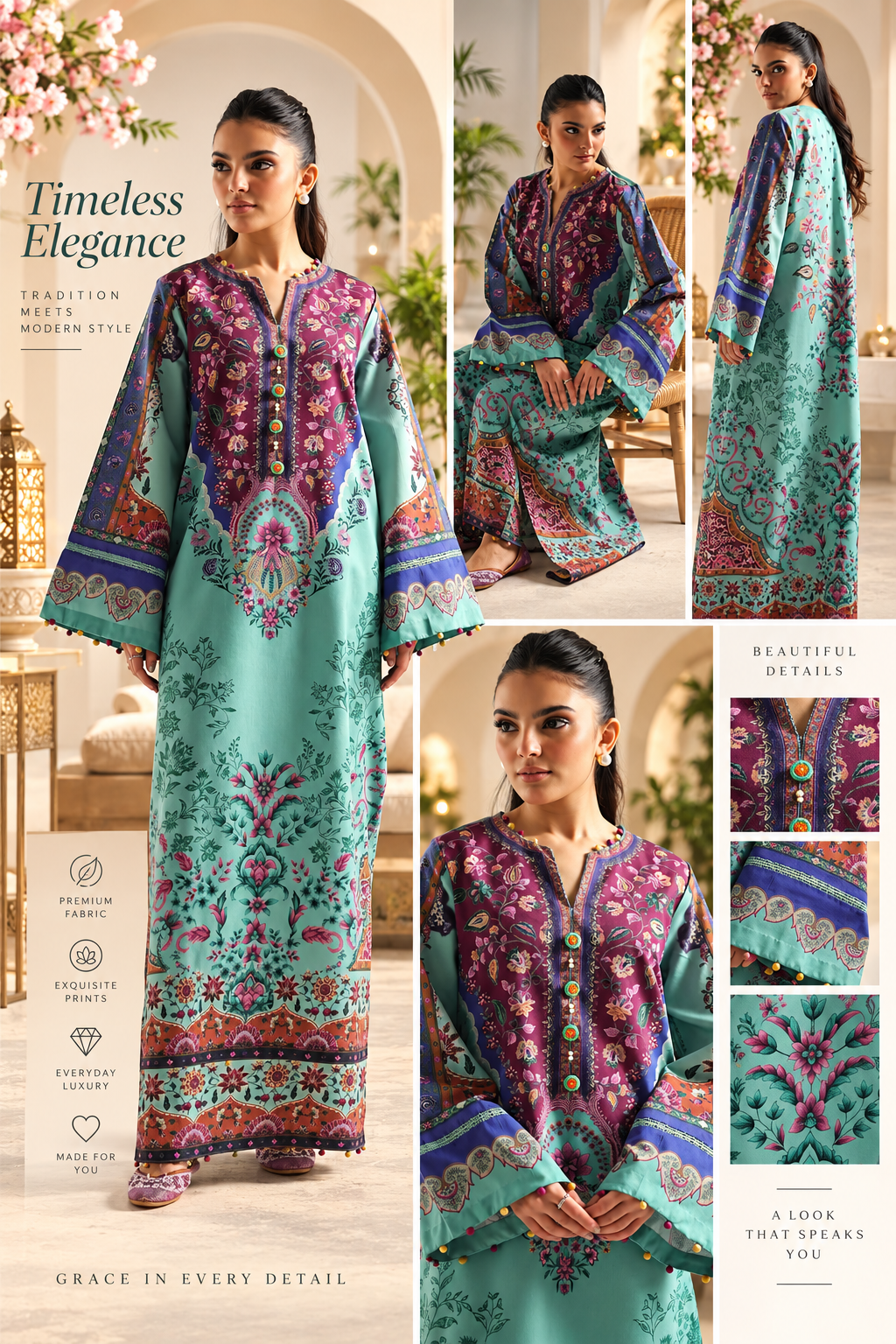 Mai Kollachi turquoise floral 1 piece party wear kaftan