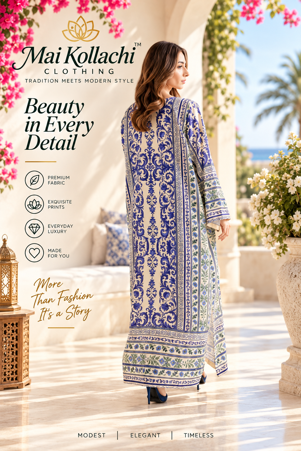 Mai Kollachi royal blue printed 1 piece women's kaftan