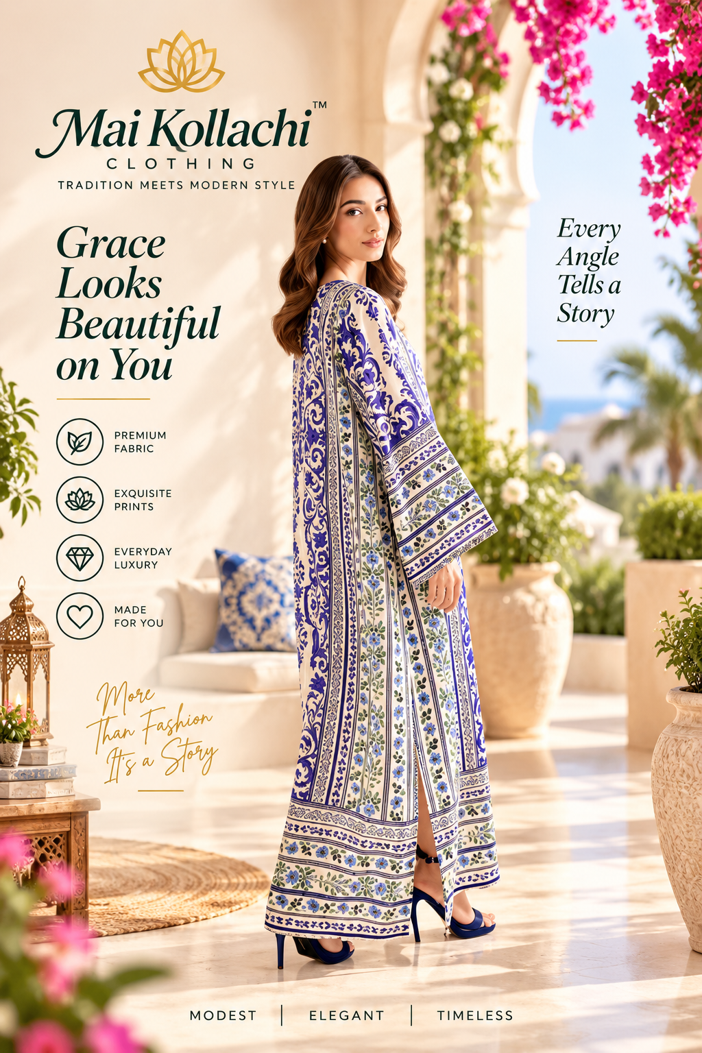 Full length blue and ivory modest kaftan for Eid and parties