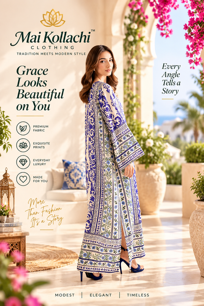 Full length blue and ivory modest kaftan for Eid and parties