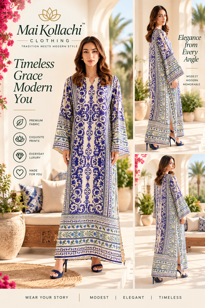Royal blue and ivory printed kaftan dress for women by Mai Kollachi
