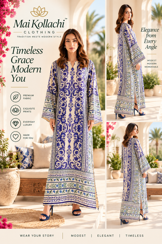 Royal blue and ivory printed kaftan dress for women by Mai Kollachi