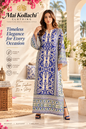 Women's royal blue floral kaftan dress with ivory base