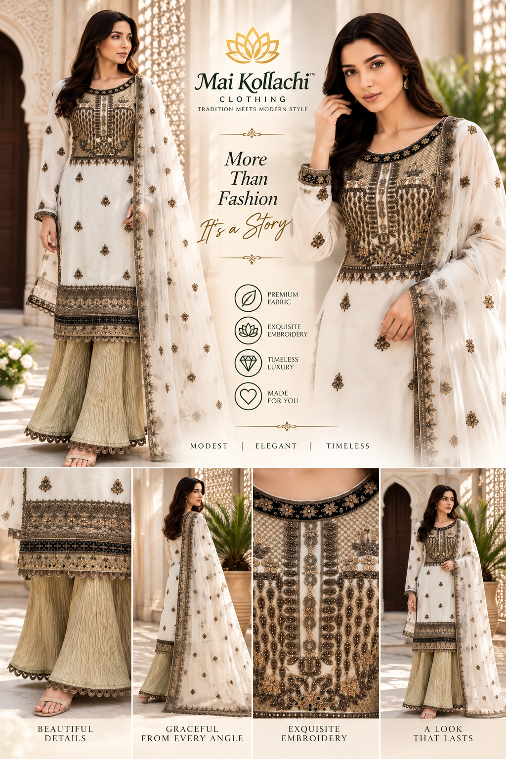Afghani style cream chiffon suit DMC mirror and velvet embroidery detail