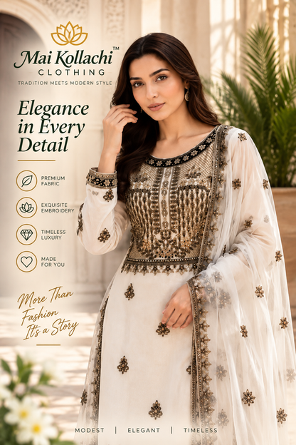 Pearl white Afghani embroidered 3 piece chiffon suit by Mai KollachiZLD5888