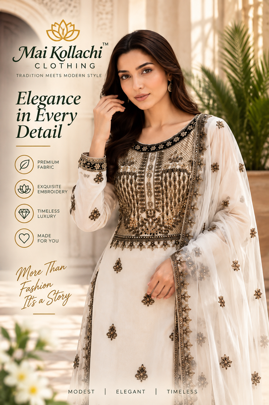 Pearl white Afghani embroidered 3 piece chiffon suit by Mai KollachiZLD5888