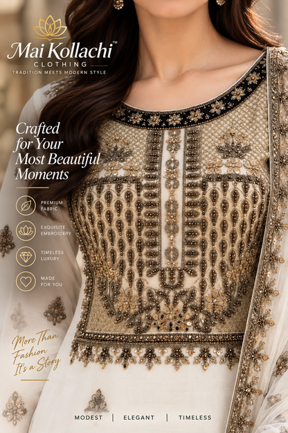Close-up of Afghani chiffon kurta with DMC and mirror embroidery