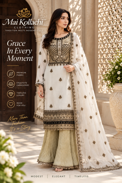 Women's pearl white Afghani chiffon suit with mirror work